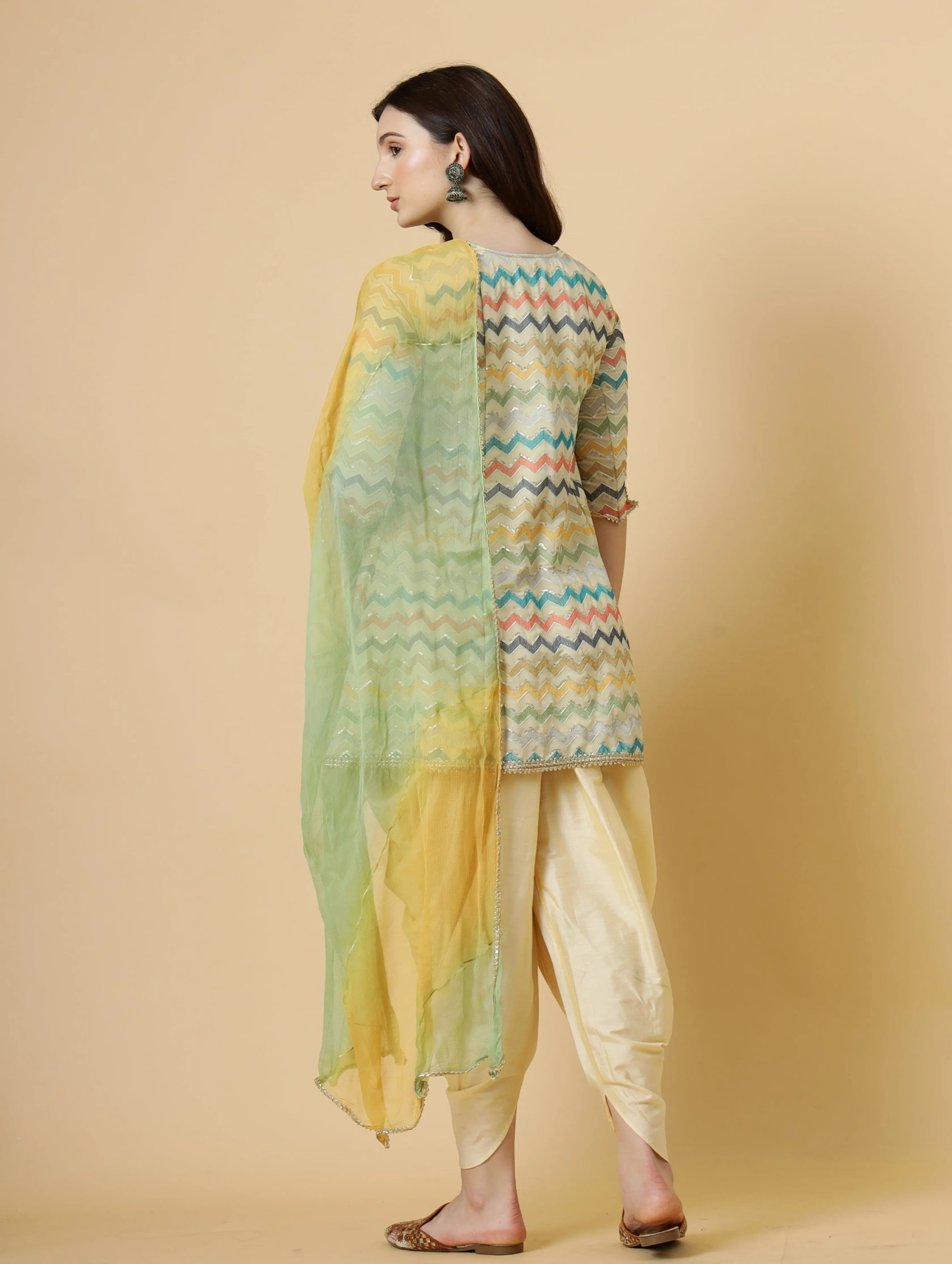 Stylish Embroidered Multicolor A-Line Kurti with Dhoti Pants