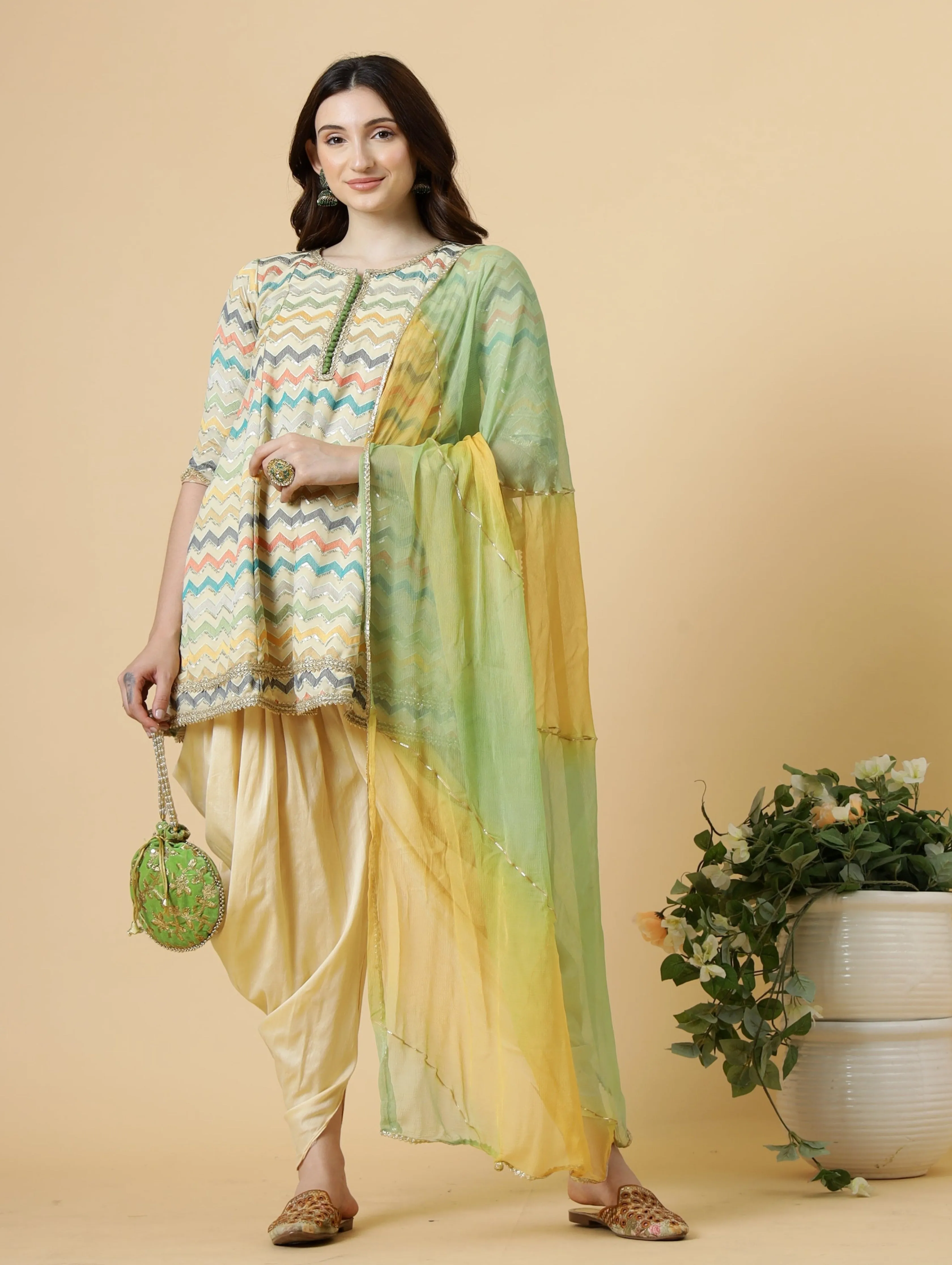 Stylish Embroidered Multicolor A-Line Kurti with Dhoti Pants