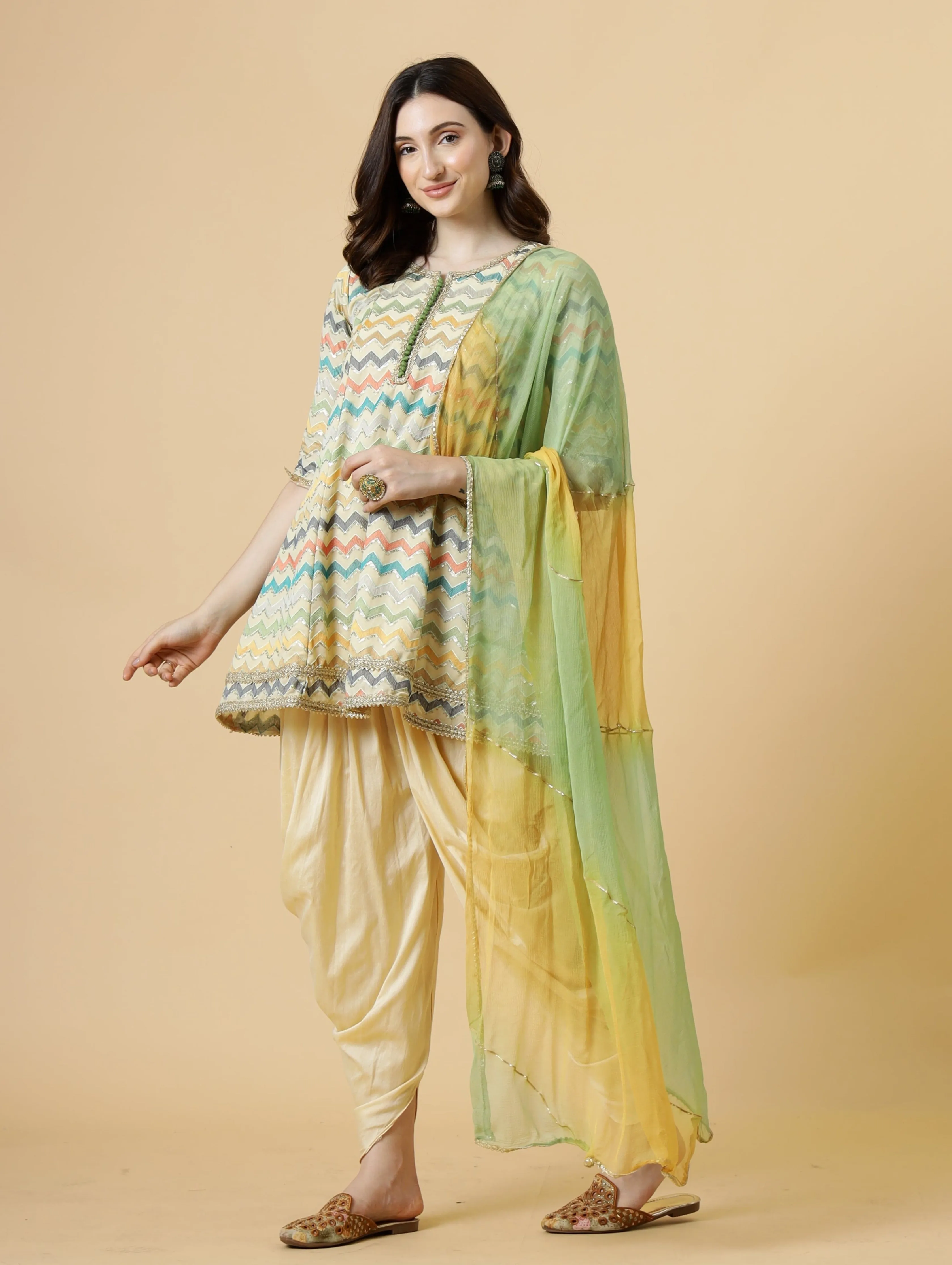 Stylish Embroidered Multicolor A-Line Kurti with Dhoti Pants