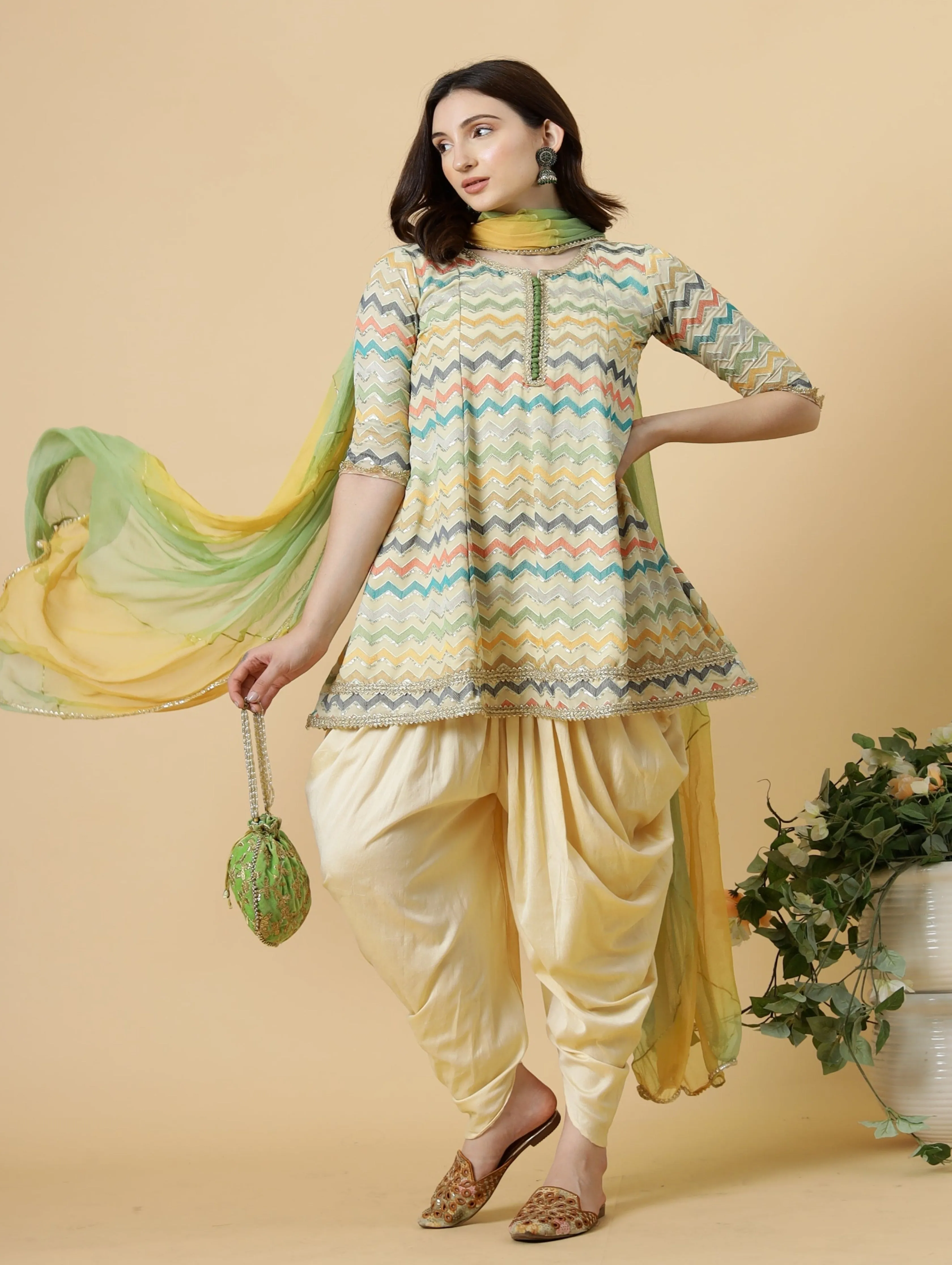 Stylish Embroidered Multicolor A-Line Kurti with Dhoti Pants