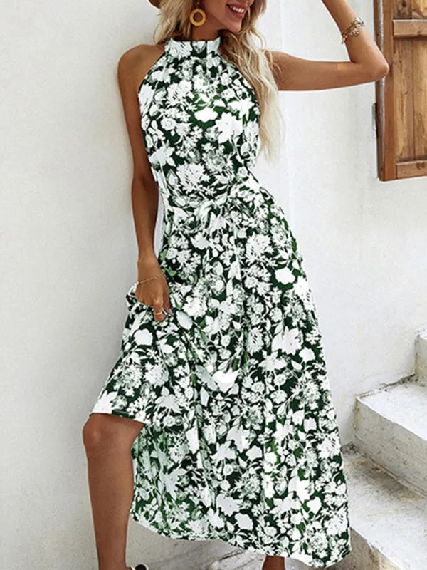 Summer French Halter Neck Sleeveless Slit Print Sexy Dress