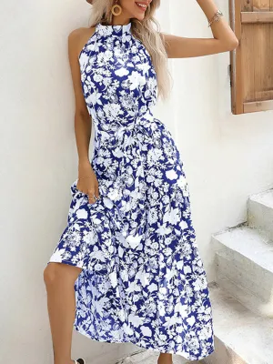 Summer French Halter Neck Sleeveless Slit Print Sexy Dress