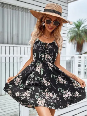 Summer New Elegant Sleeveless Dress Pullover Print Elastic Waist Suspender Skirt