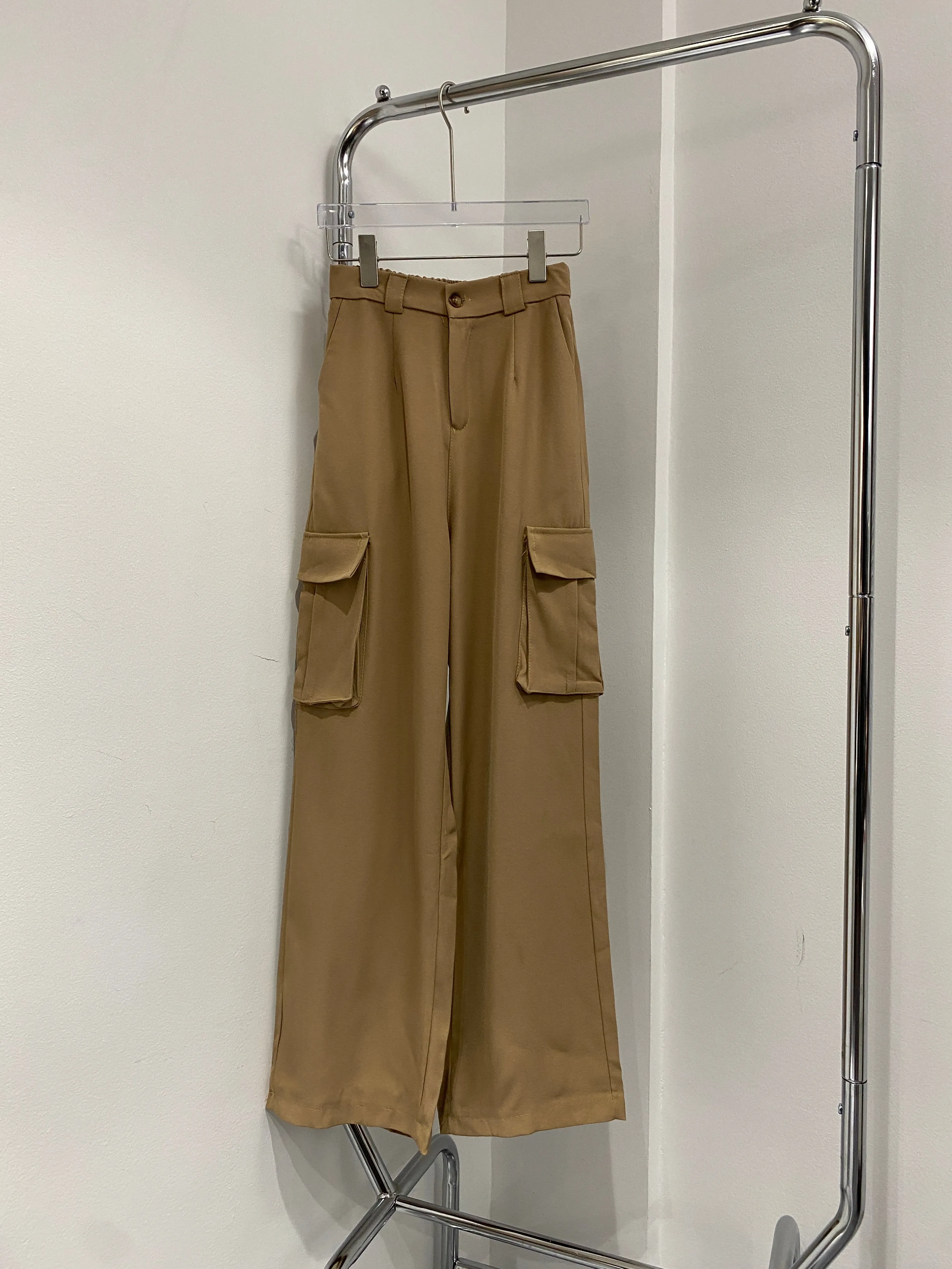 Wide Leg Cargo Trousers -  Latte