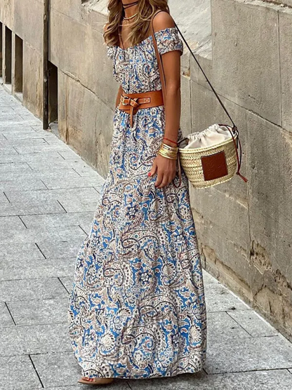 Women's Fashionable Boat Neck Short Sleeve Bohemian Dress