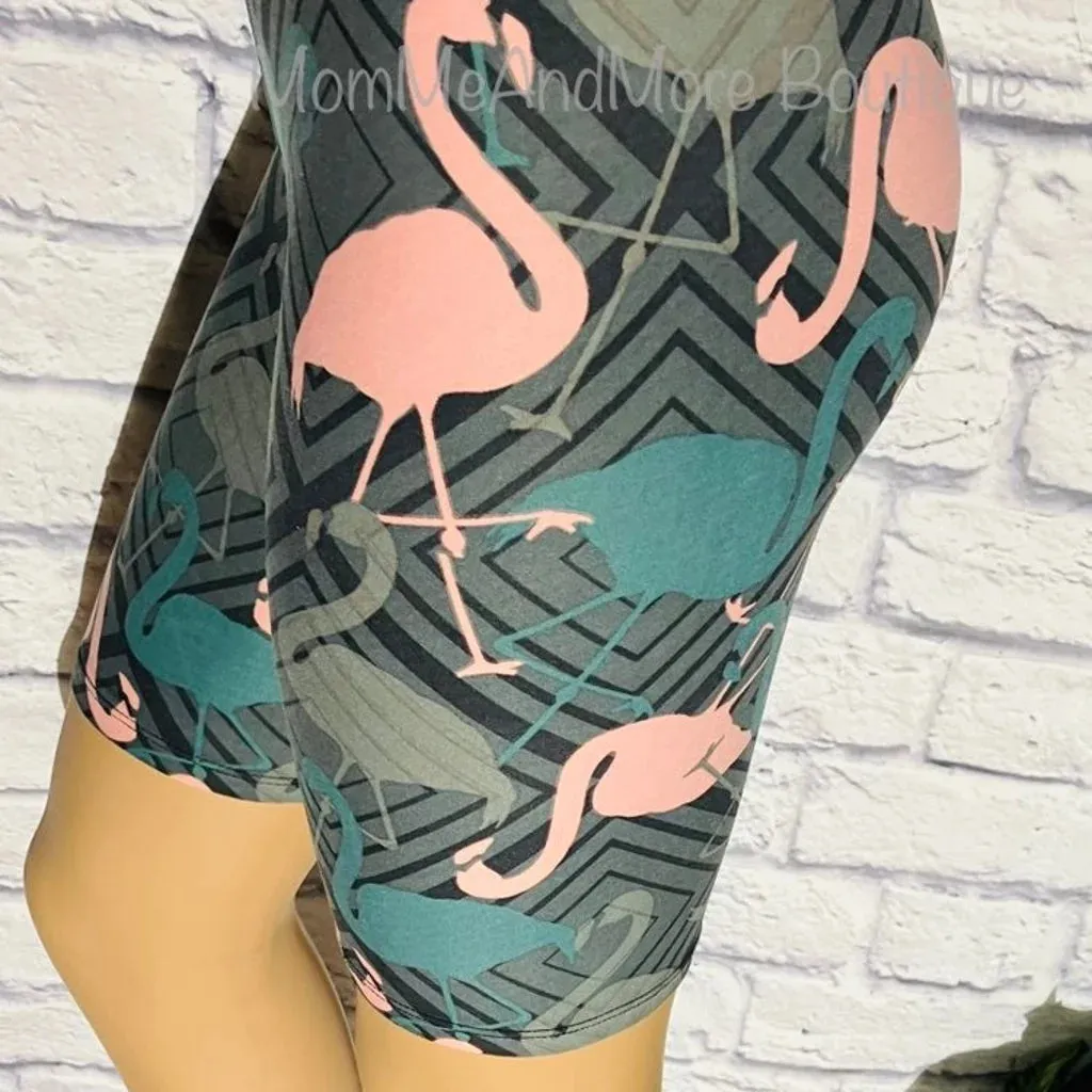 Womens Pink Flamingo Biker Shorts, Long Bermuda Shorts, Sizes 1xl/2xl/3xl, Gray/Pink