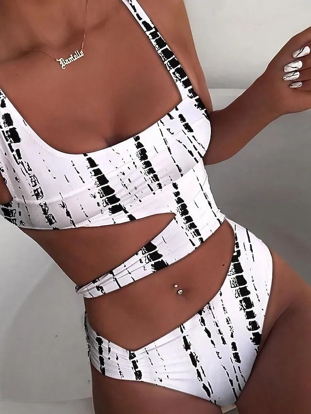 Women's Swimwear One Piece Normal Swimsuit Cut Out Solid Color Tie Dye White flowers Black and Rose Black White Red Bodysuit Bathing Suits Sports Beach Wear Summer